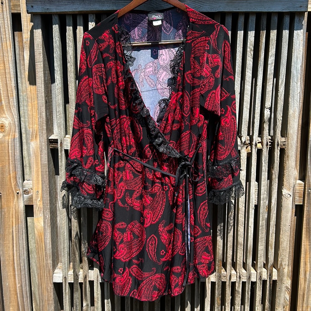 Dare to Wear 5X Red Black Paisley Gothic Victorian Wrap Top Lace Plus Size